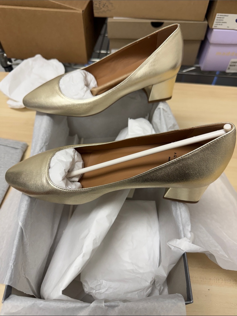 Aquatalia Metallic Gold Low Block Heel Pumps